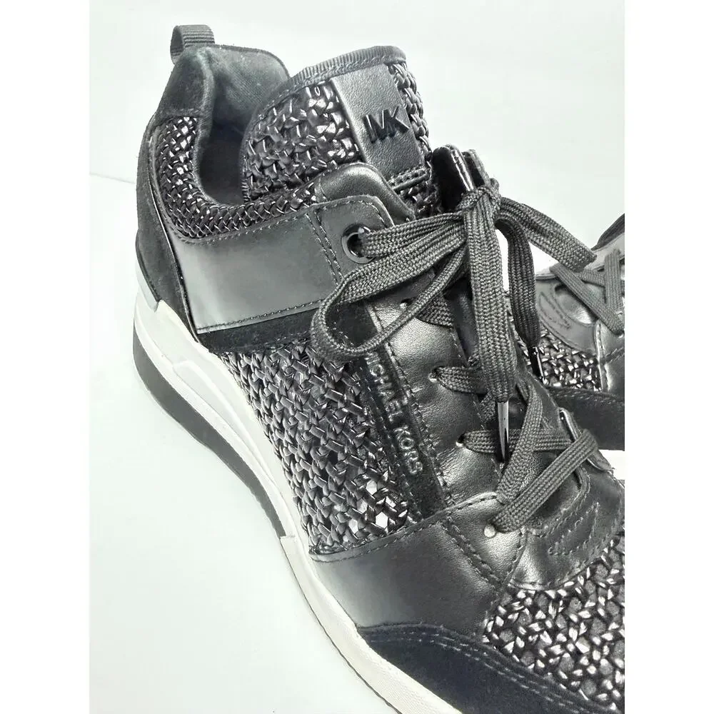 Michael Kors Georgie Trainer MK Signature Black Wedges Sneakers Women Size 8